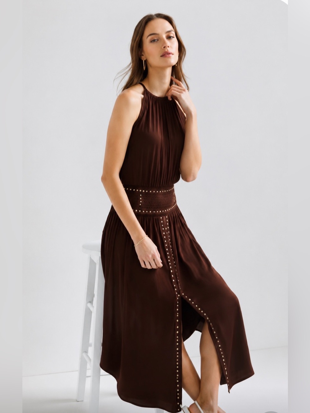 White House Black Market Brown Stud-Trim High-Low Dress 485